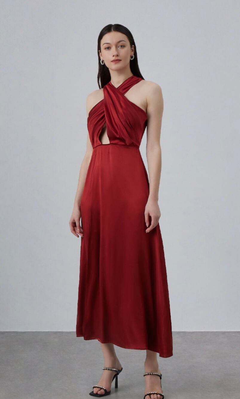 Silk Maison Cleopatra Bridal Silk Maxi Dress Front Slit In Burgundy Size Small